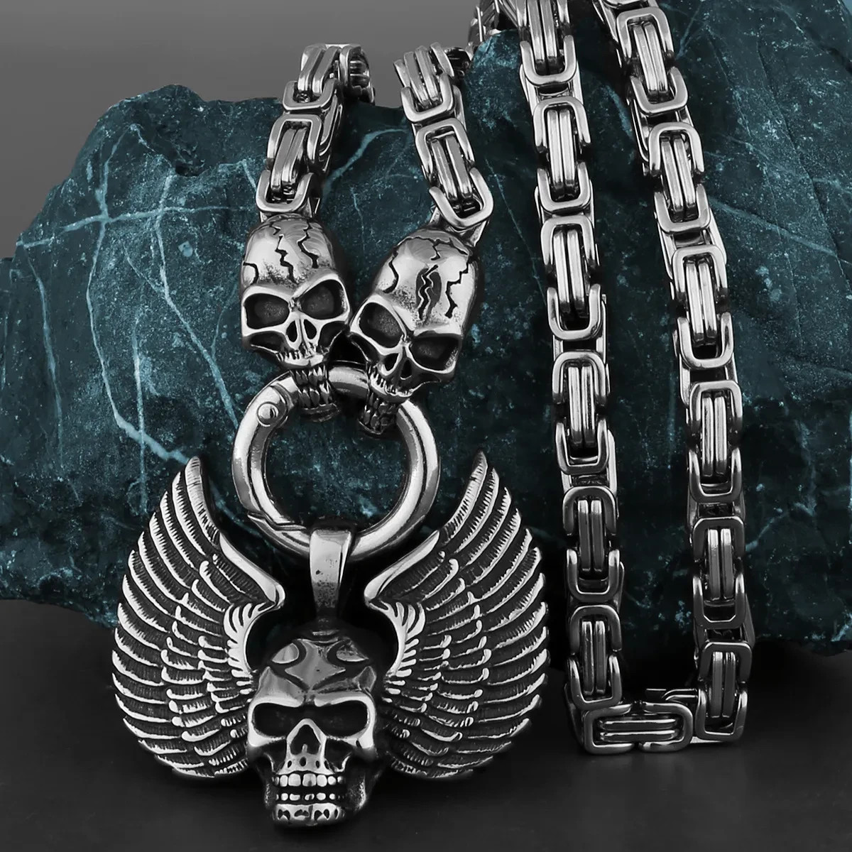 Gothic Winged Skull Pendant Necklace Men Titanium Stainless Steel Biker Jewelry