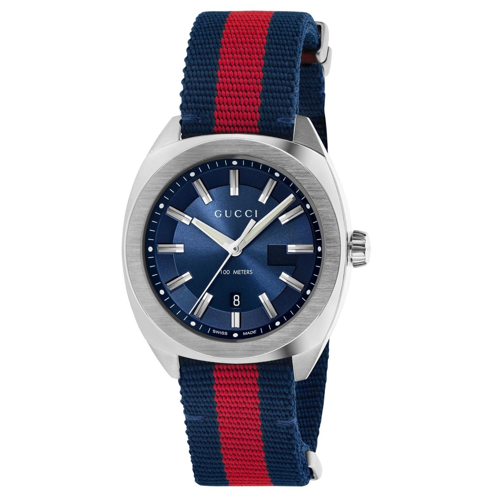 Gucci GG2570 SWISS Quartz Blue Dial Blue Red Nylon Strap Men’s Watch YA142304