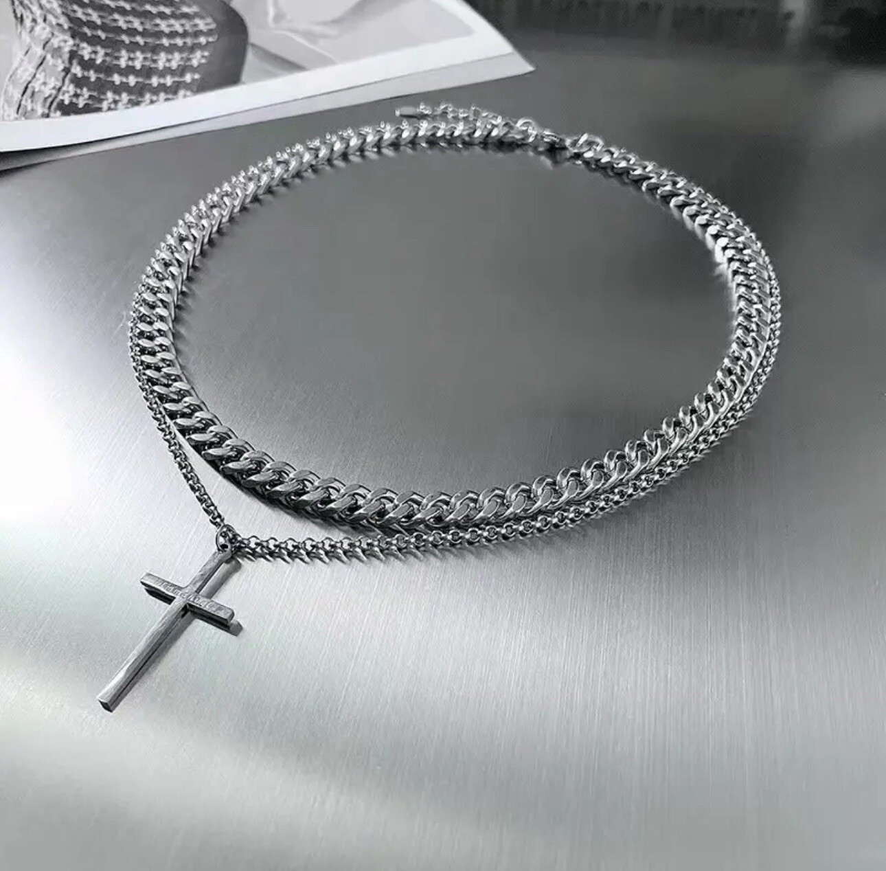 Men Double Layer Cross Pendant Necklace Stainless Steel Hip Hop Gothic Unisex