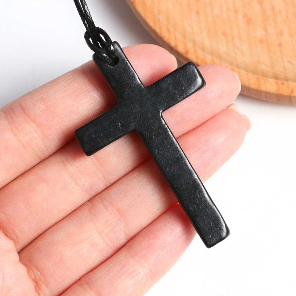 1pc Shungite Christian Cross Pendant Engraved Necklace EMF Protection & Healing