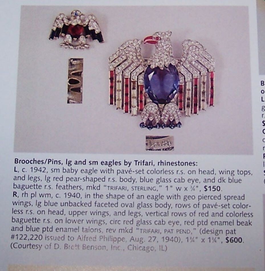 TRIFARI Alfred Philippe WW2 US Patriotic Enamel & Cabochon Belly Eagle Pin