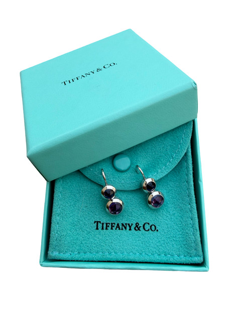 Tiffany & Co. 18k White Gold Double Drop Iolite and Amethyst Earrings