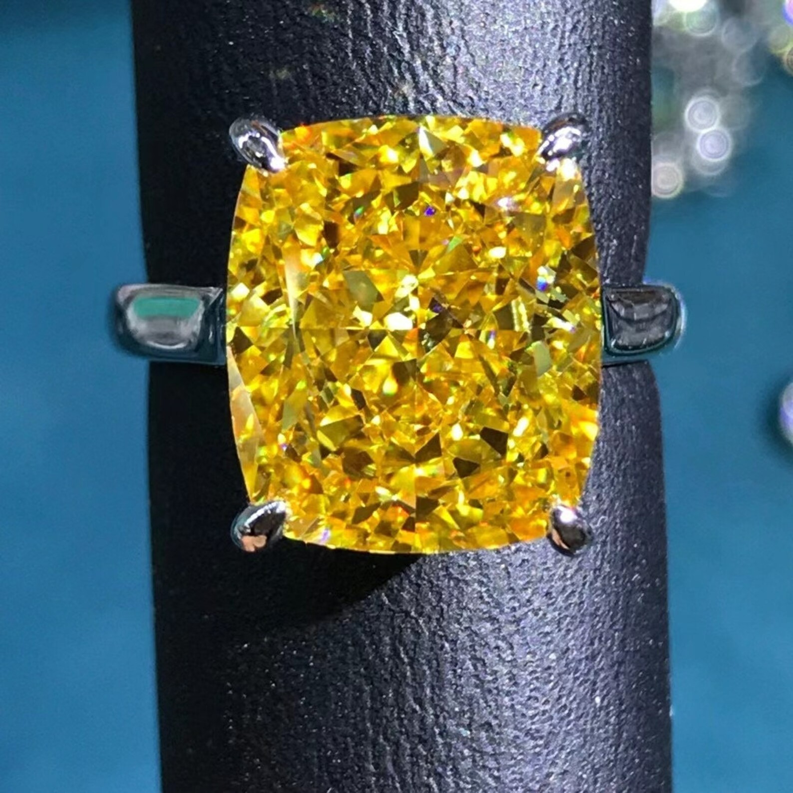 8.00 Ct Cushion Cut Natural Yellow Sapphire Diamond Wedding Ring 14K White Gold
