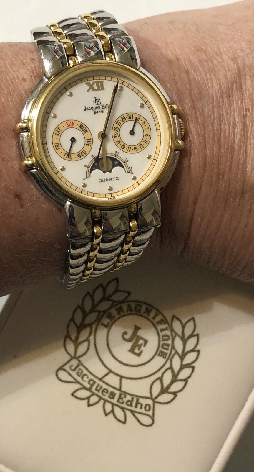 Jacques Edho Paris Watch Moon Phase Day Date with Box – 7 to 8 inch Length