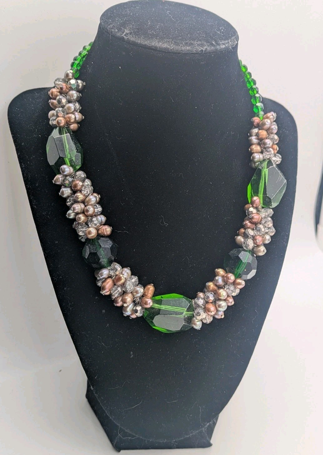 Vintage Genuine Pearl & Crystal Glass Cluster Green Acrylic Beaded Necklace 20″