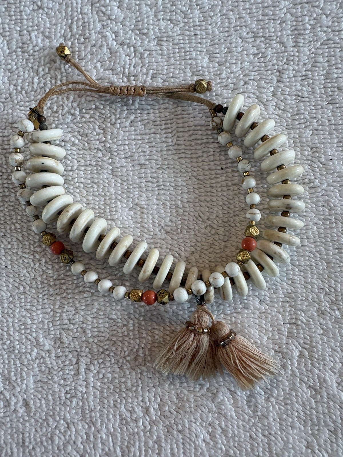 Chan Luu White Magnesite Mix Two Strand Tassel Pull Tie Bracelet Boho Coastal