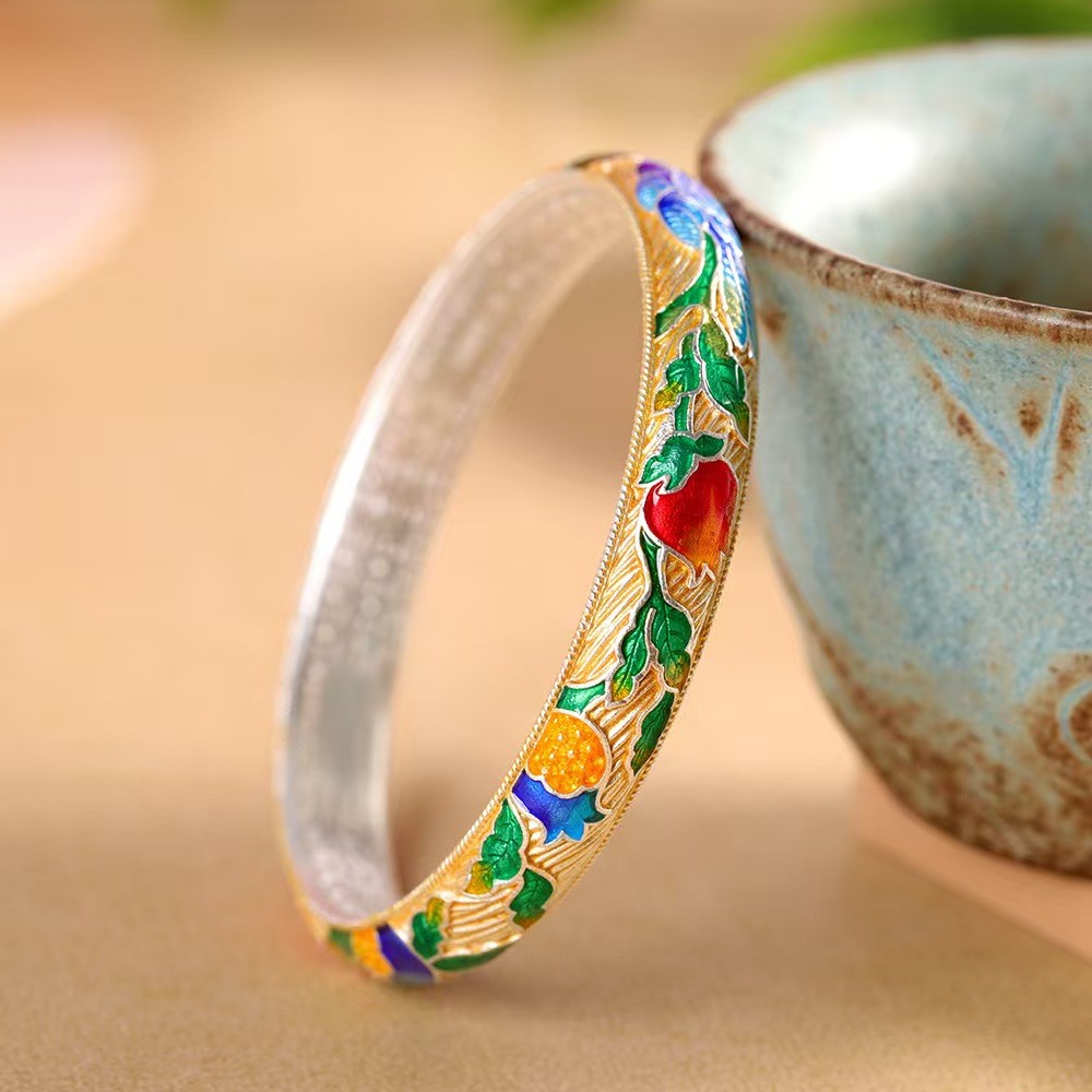 Pure S999 Fine Silver Bracelet 10mm Lucky Enamel Fish Open Bangle 34-35g ID:58mm