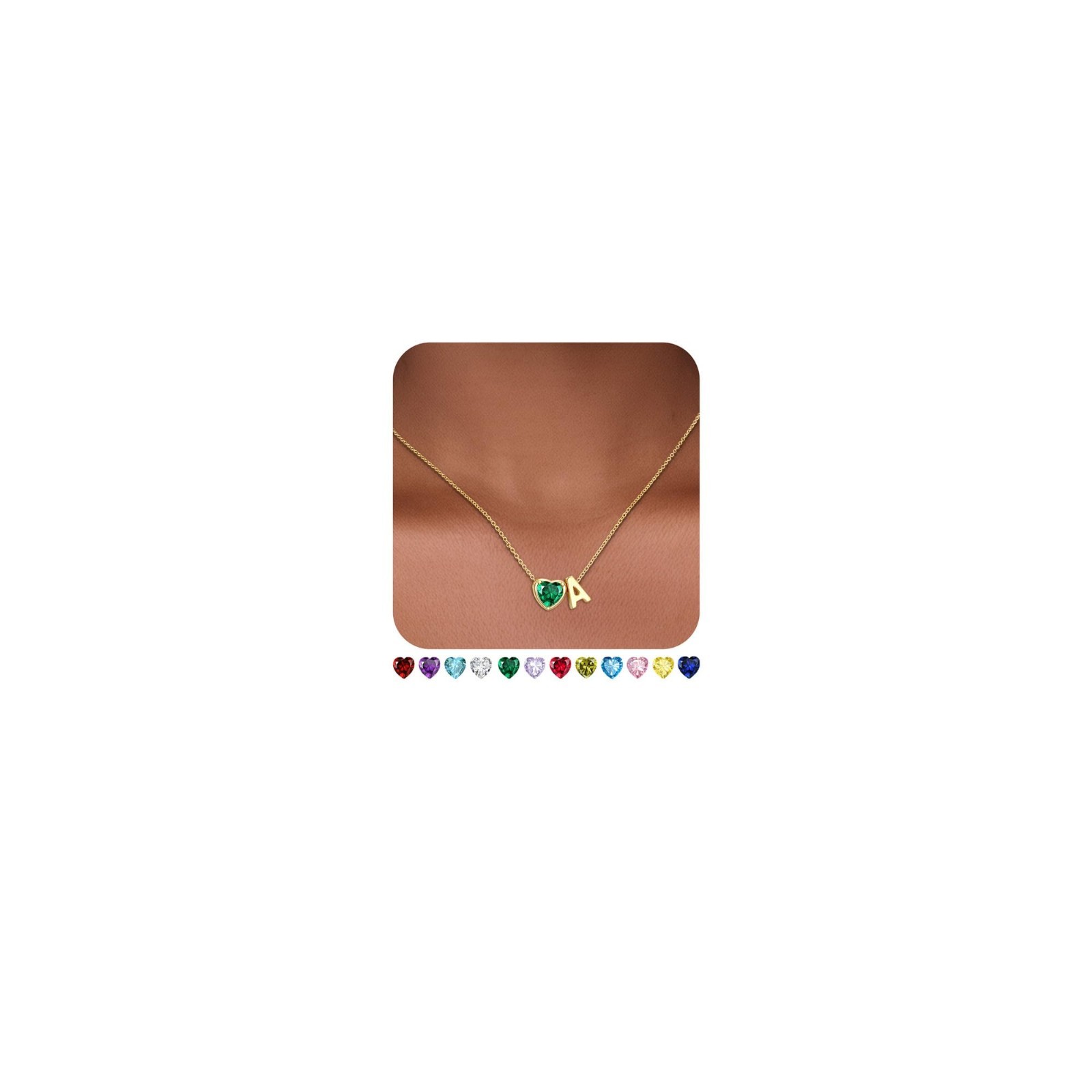 Heart Birthstone Initial Necklace – 14K Gold Plated A-Z Jewelry Gift for Women &