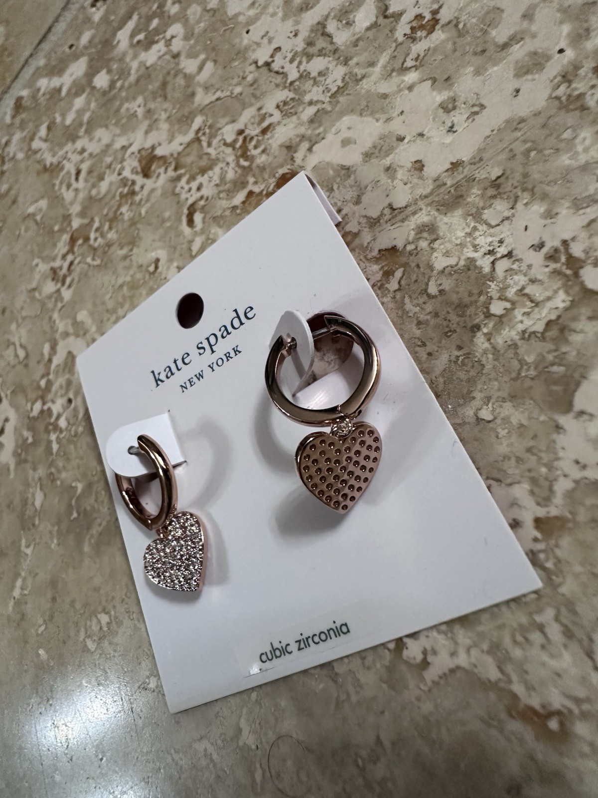 Kate Spade Rose Gold Hoop Earrings Heart Dangle Pavé CZ