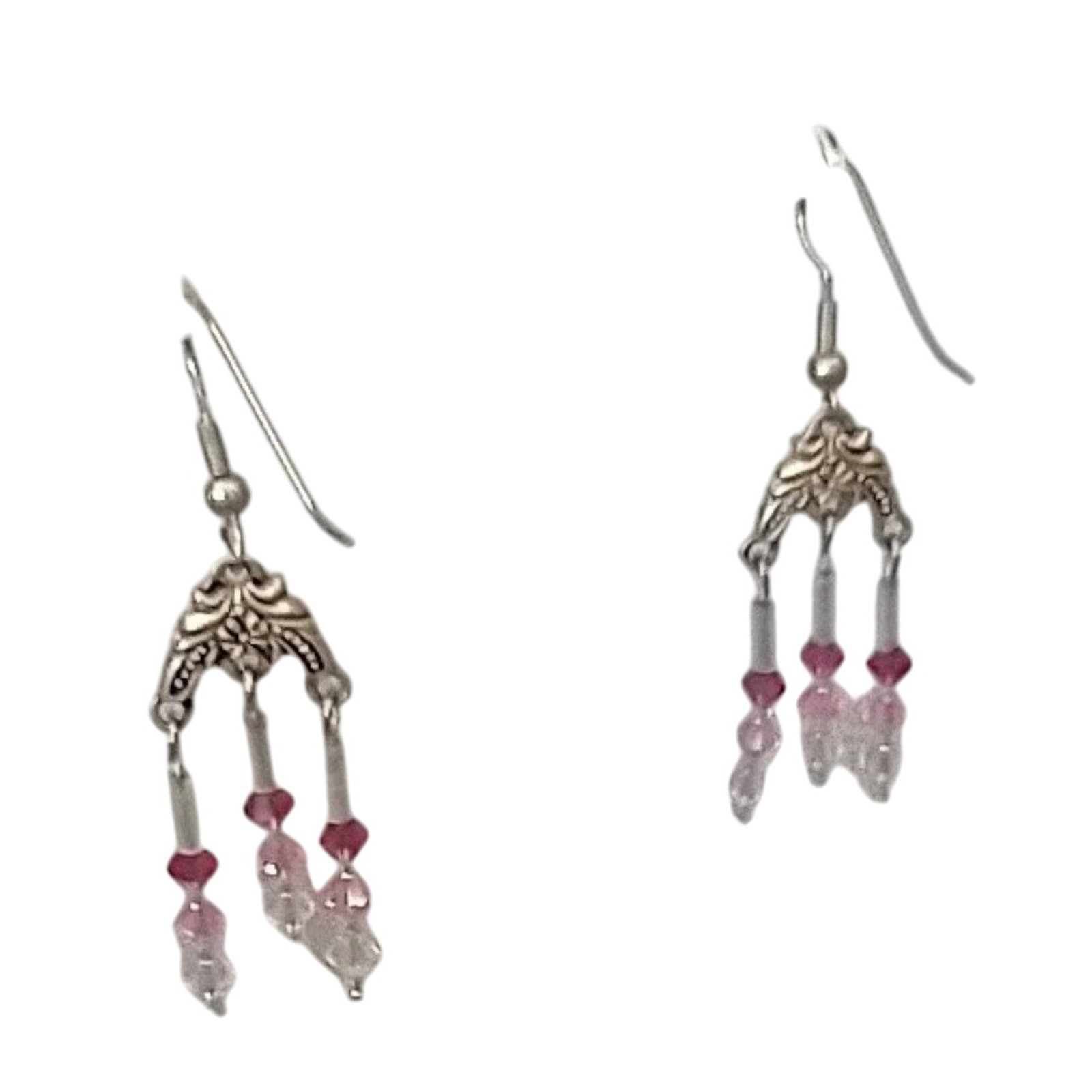 Chandelier Earrings Pink Clear Crystals Silver Tone Fishhook Ear Wires Handmade