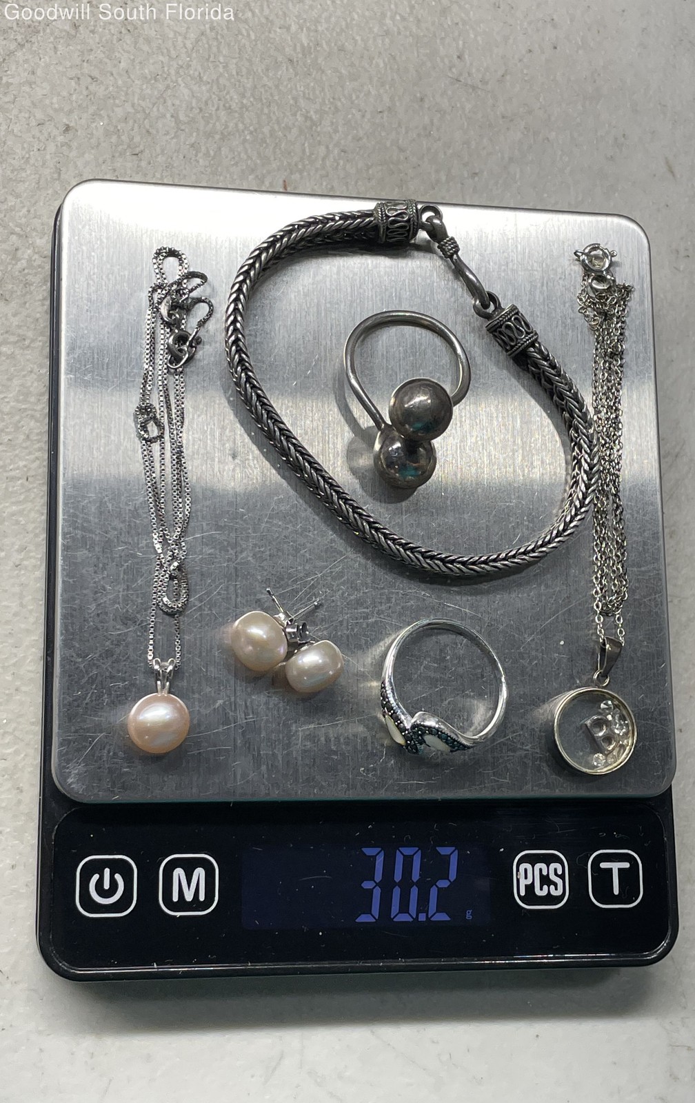 Silver Stamped/Unstamped Chain-Pendant-Bracelet-Earrings-Ring (6Pcs)Weight30.2gr