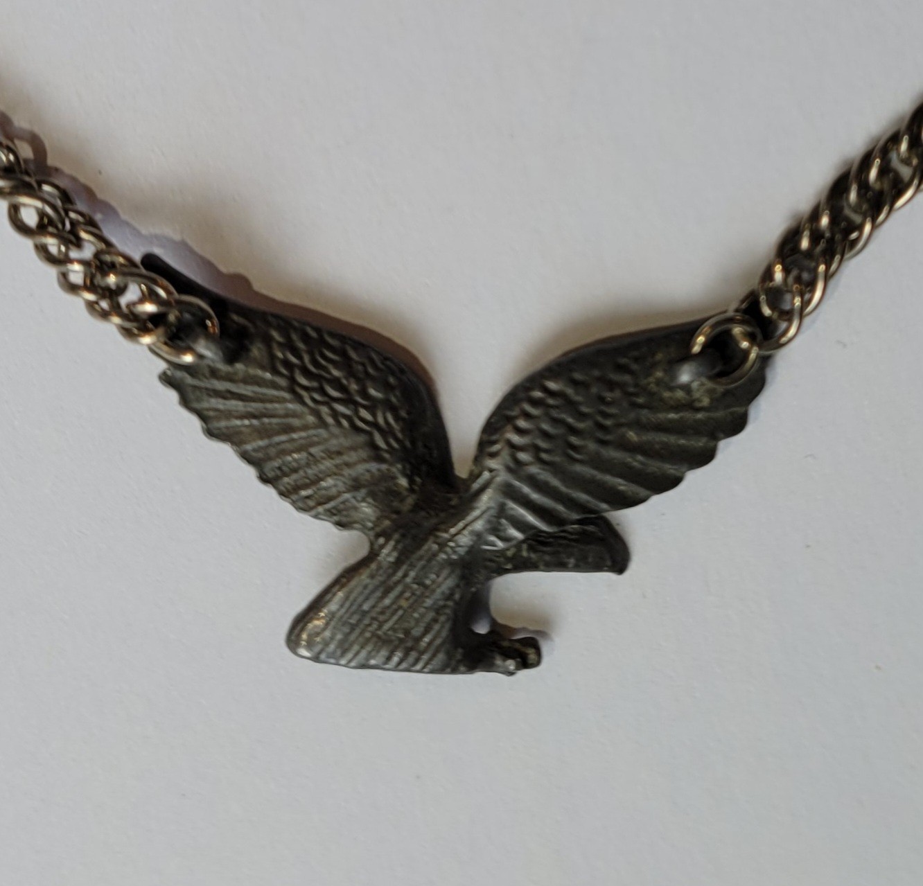 Pewter Flying Eagle Pendant 18in Chain Attached To Wing Tips Necklace Vintage