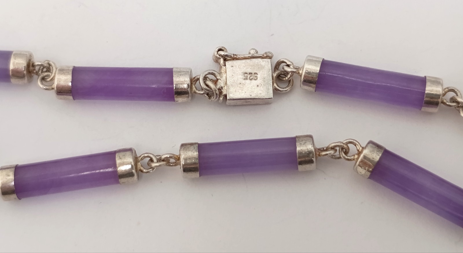 Vtg Chinese Lavender Jadeite Jade Tube Bracelet 925 Sterling Silver Shou Clasp