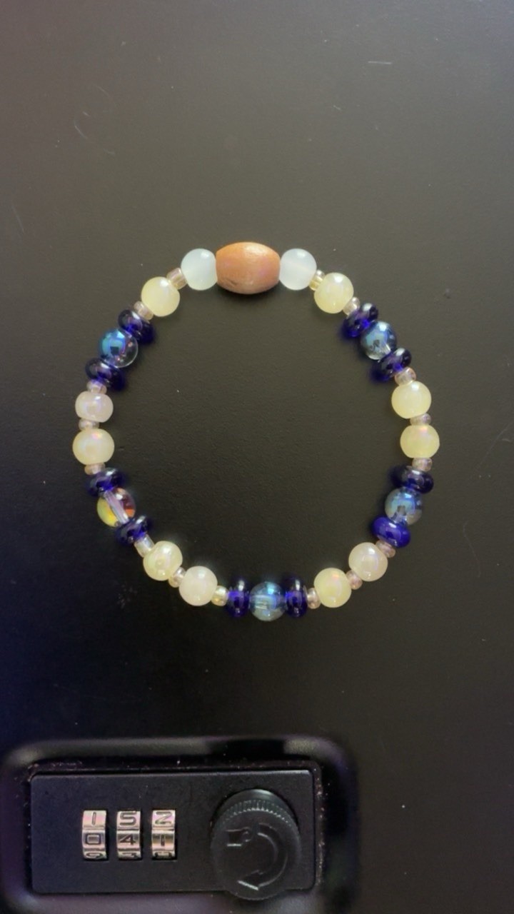 Handmade Blue/White/Brown Glass & Wood Beaded Bracelet, 8mm/2mm Unisex #041