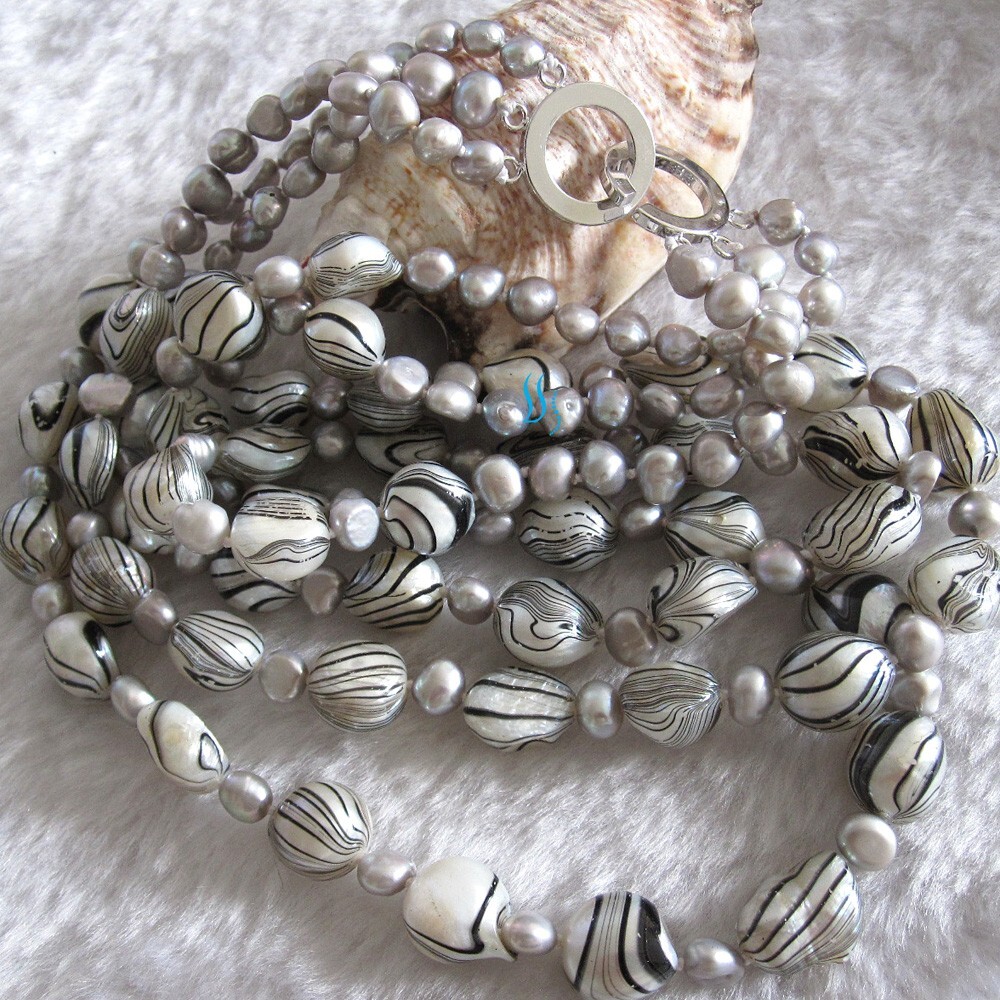 18-20″ 5-11mm Gray White Wave 3Row Baroque Freshwater Pearl Necklace