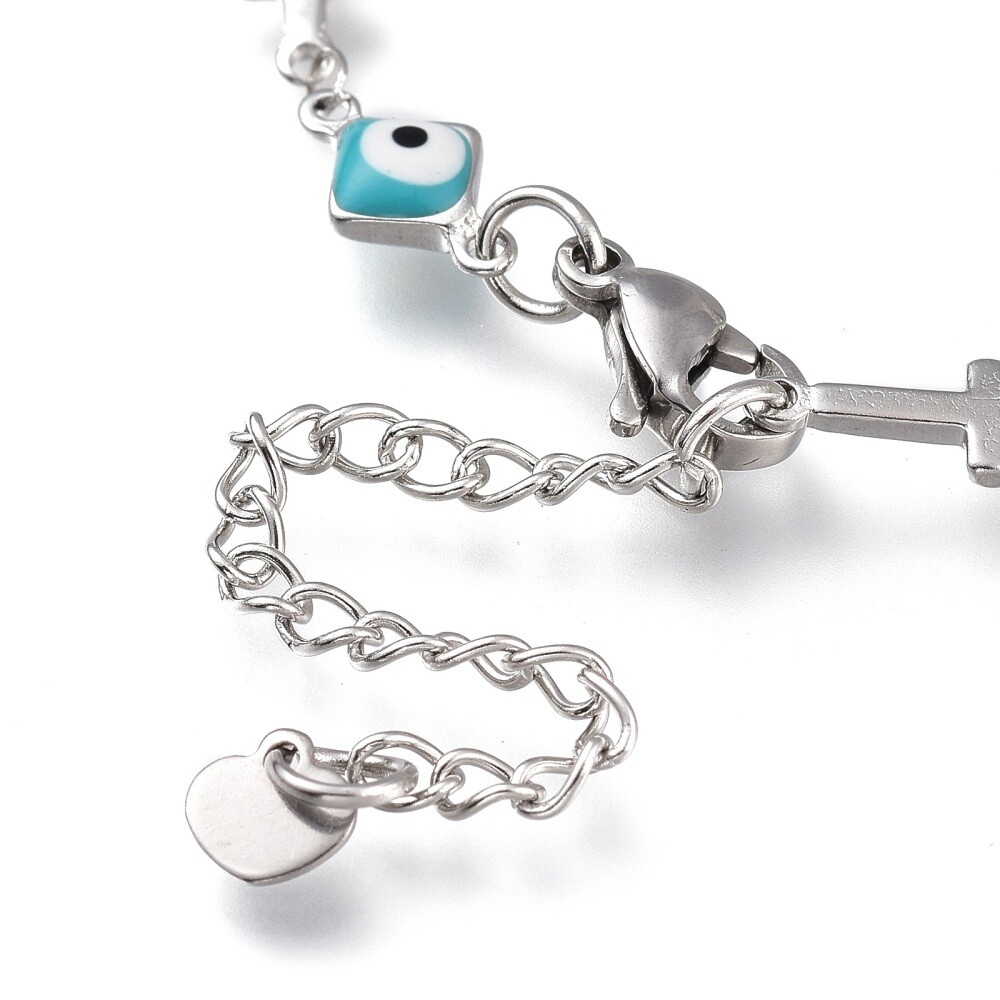 Stainless Steel Bracelet Enamel Lobster Evil Eye Cross Silver Turquoise 7″ Z191