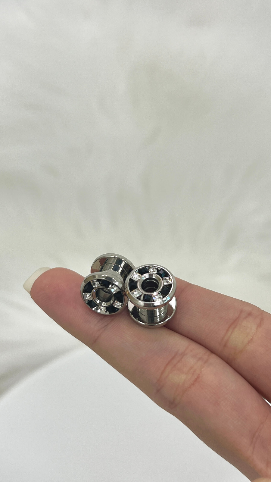 Pressed Rimmed Surgical Steel Black Clear CZ Screw Tunnel Ear Plugs – Sold Pair