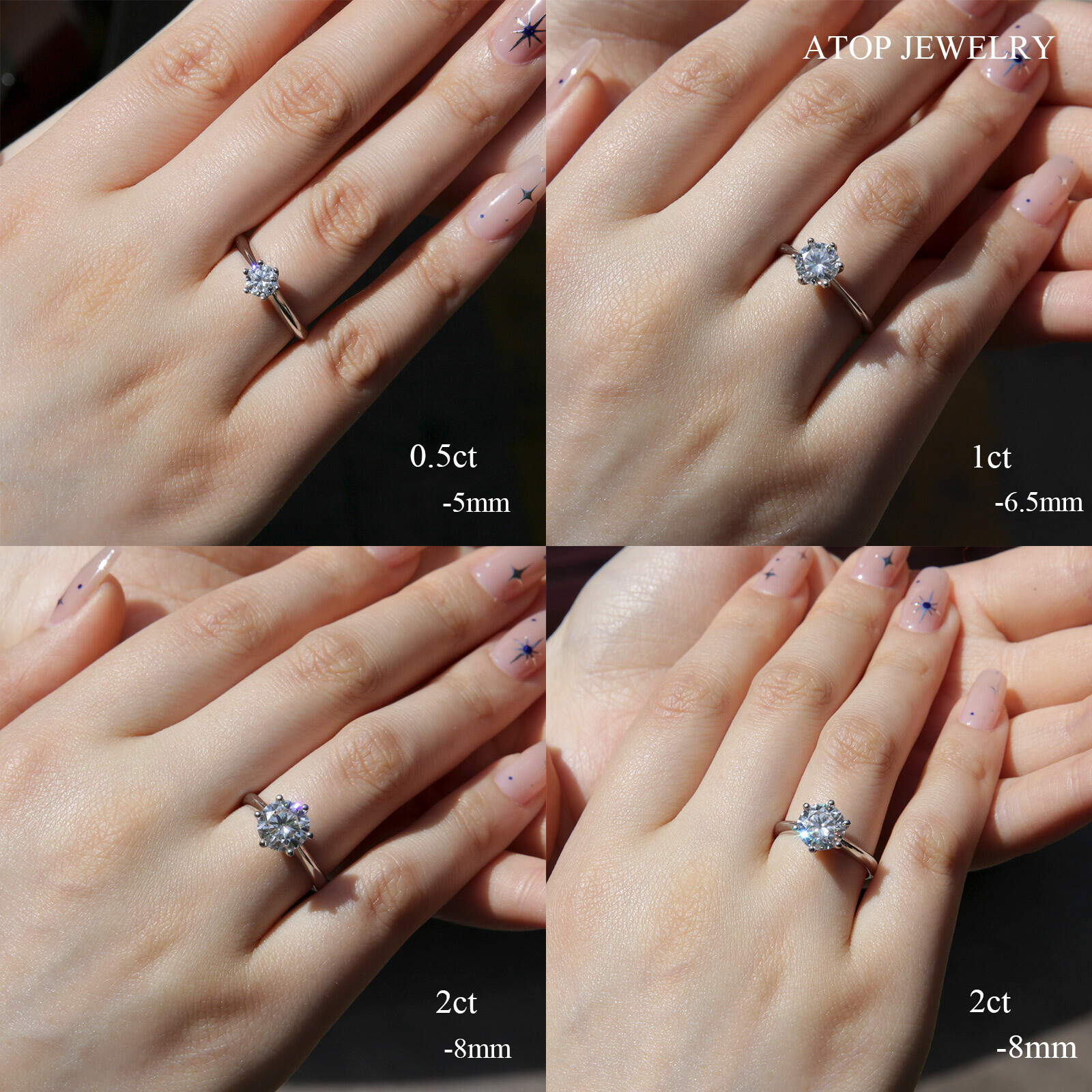 0.5ct/1ct/2ct 925 Silver D/VVSI Real Moissanite Six-claw Engagement Ring