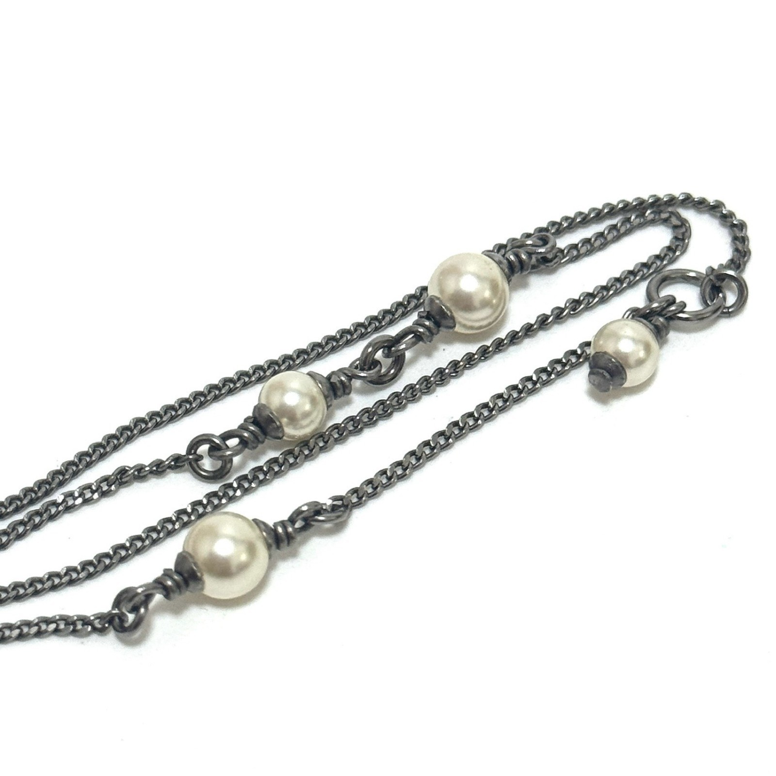 CHANEL A17S CC COCO Necklace Silver Rhinestone ImitationPearl Authentic JAPAN