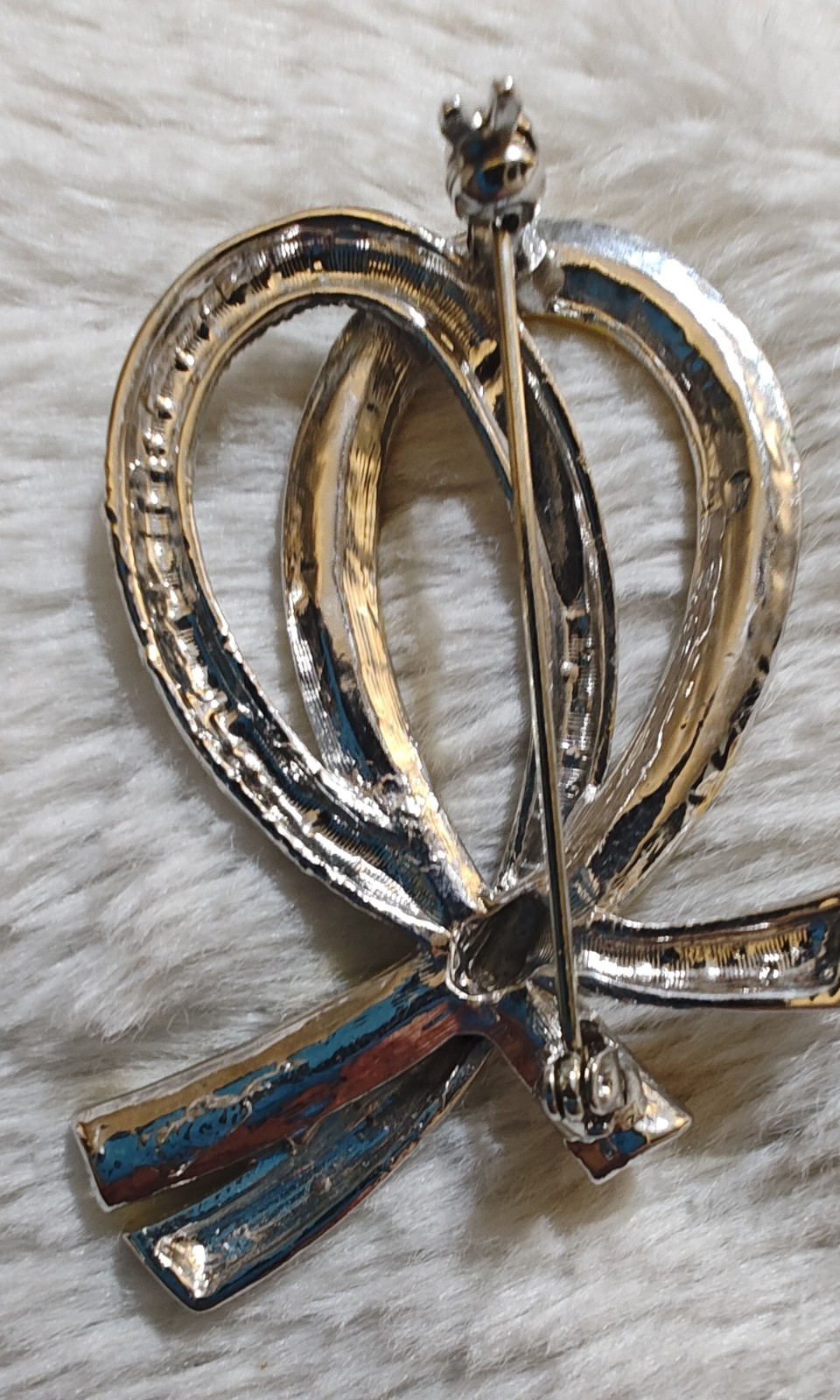 Ribbon Brooch Pin Gold & Silver Tone Clear Round Rhinestones 2.25 in