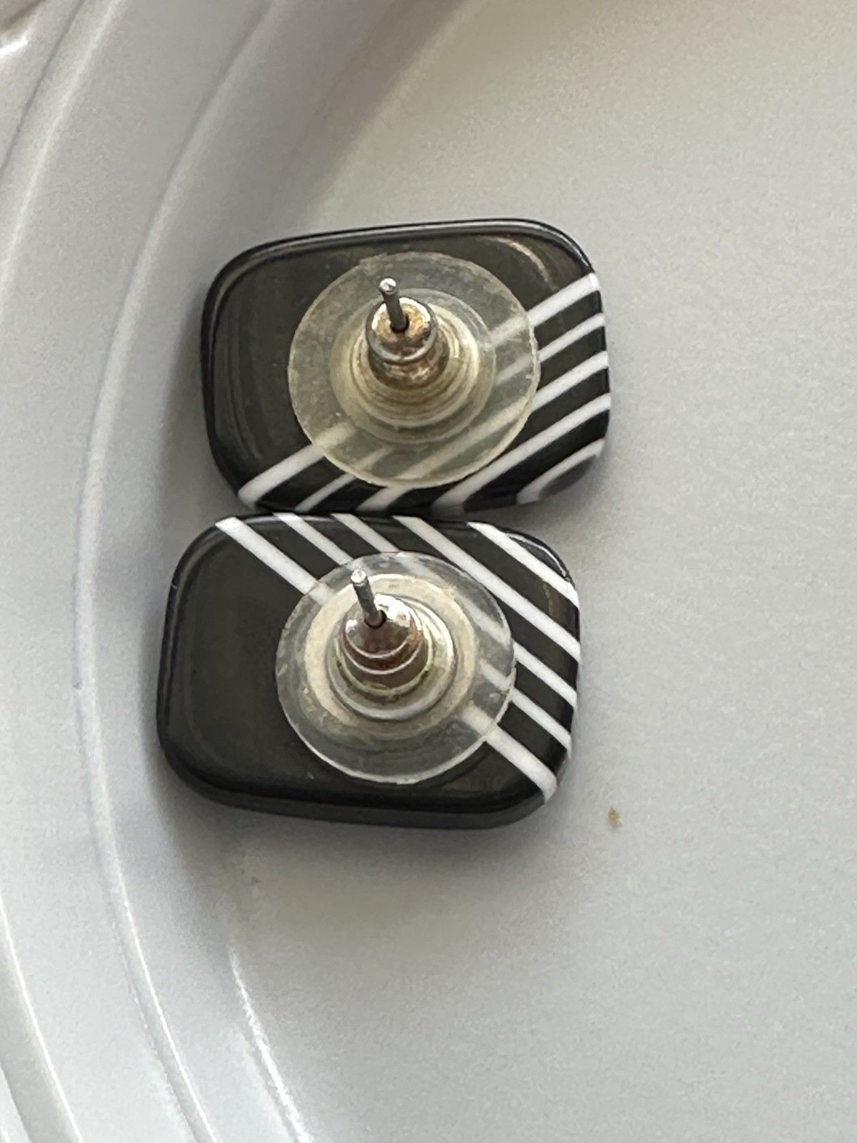 Rectangle Black & White Striped Stud Earrings No Stone Plastic Butterfly Closure
