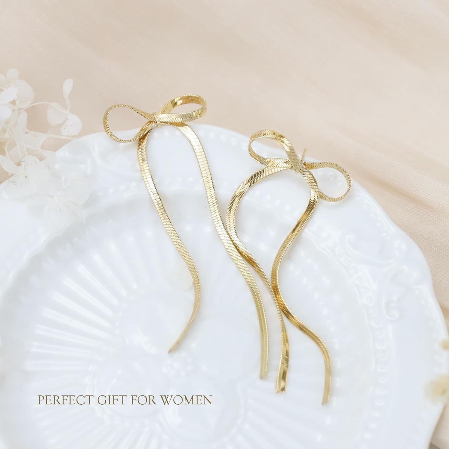 Bow Earrings for Women, 18K Gold Plated Bow Dangle Earrings Dangling Dangly Gold