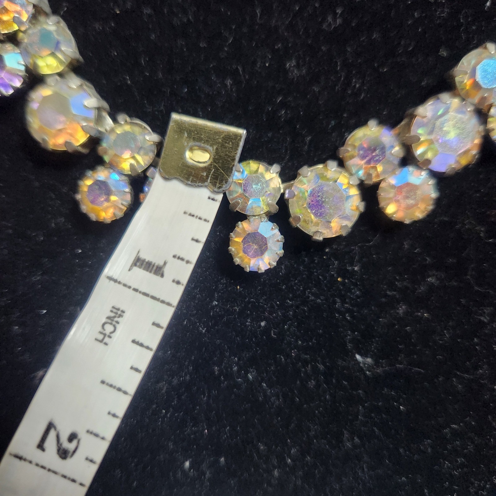 Vintage Aurora Borealis Rhinestone Choker Necklace Silver Tone J-Hook 15.5 Inch