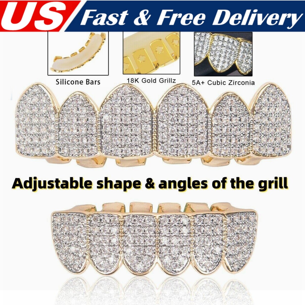 18K Gold Plated Grillz Hip Hop Top Bottom Diamond Teeth Grillz with Molding Bar