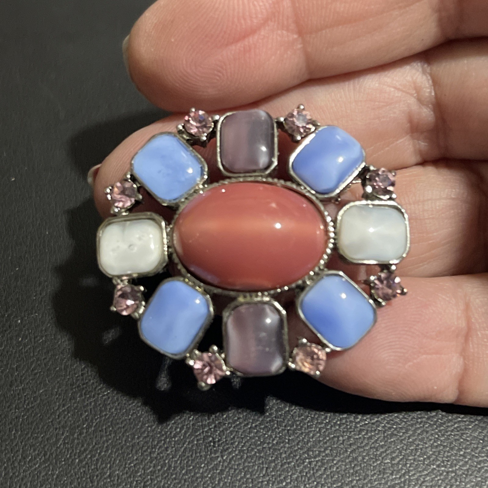Liz Claiborne Brooch, Salmon-Blu-Plum, Silver-Tone, 1 1/2″L x 1 3/8″W