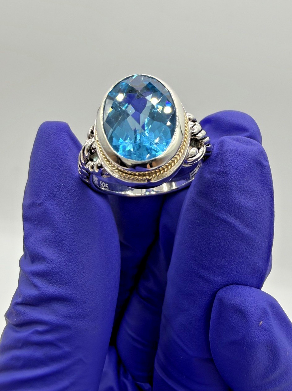 Designer Effy Sterling Silver & 18k Gold Oval Blue Topaz Twisted Cable Ring Sz 7