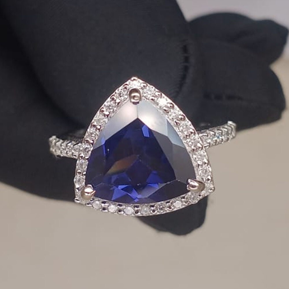 6.80Crt Trillion Cut Natural Tanzanite & Diamond 100% 14k SOLID White Gold Ring
