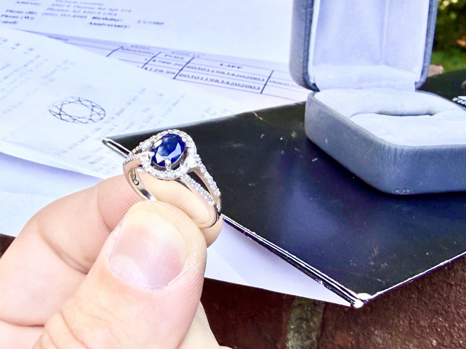 Zales Blue Sapphire Diamond Halo Engagement Ring 10K White Gold 1/3 CTW