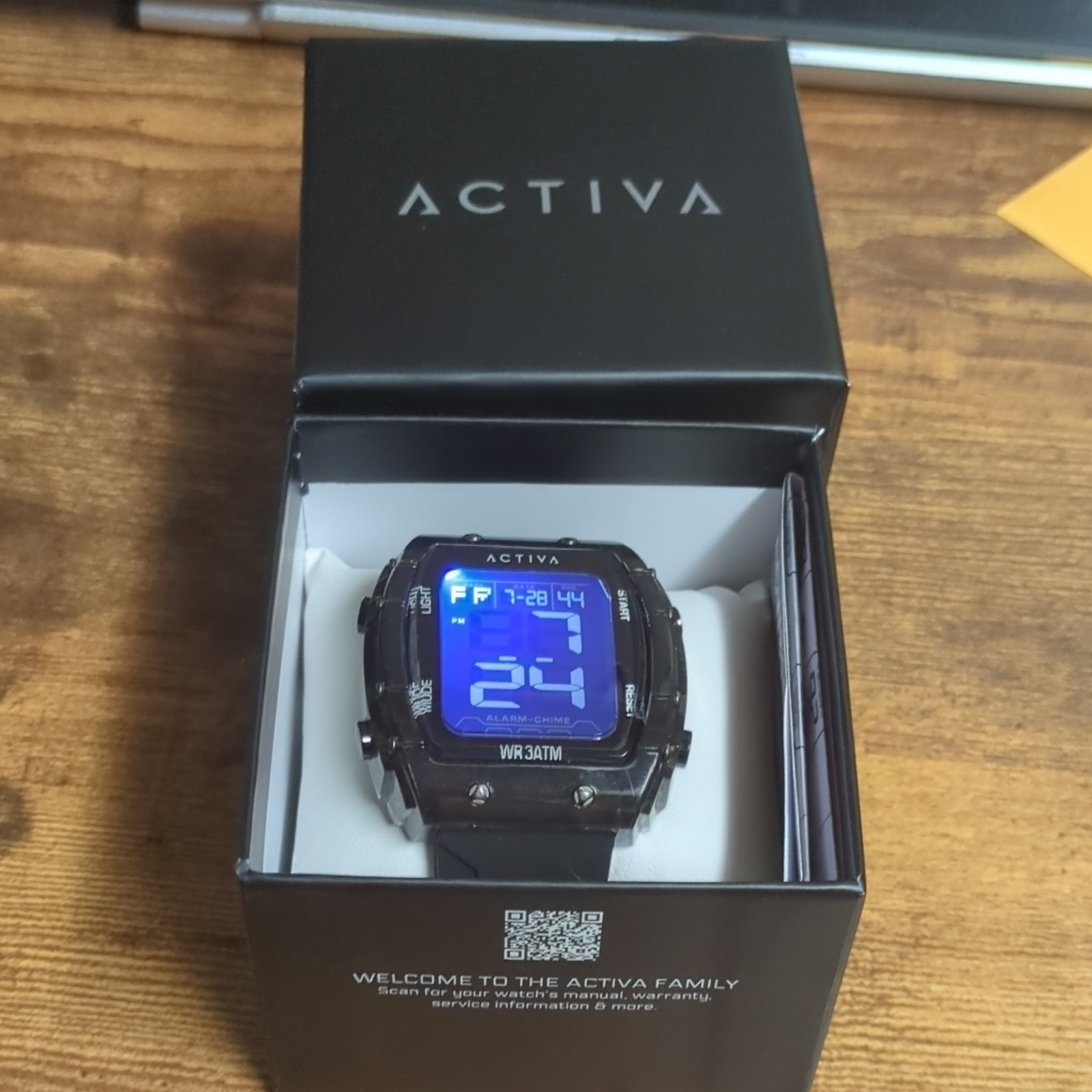 Activa Men’s Digital Rectangle Watch Black 30m WR Alarm Backlight w/Box