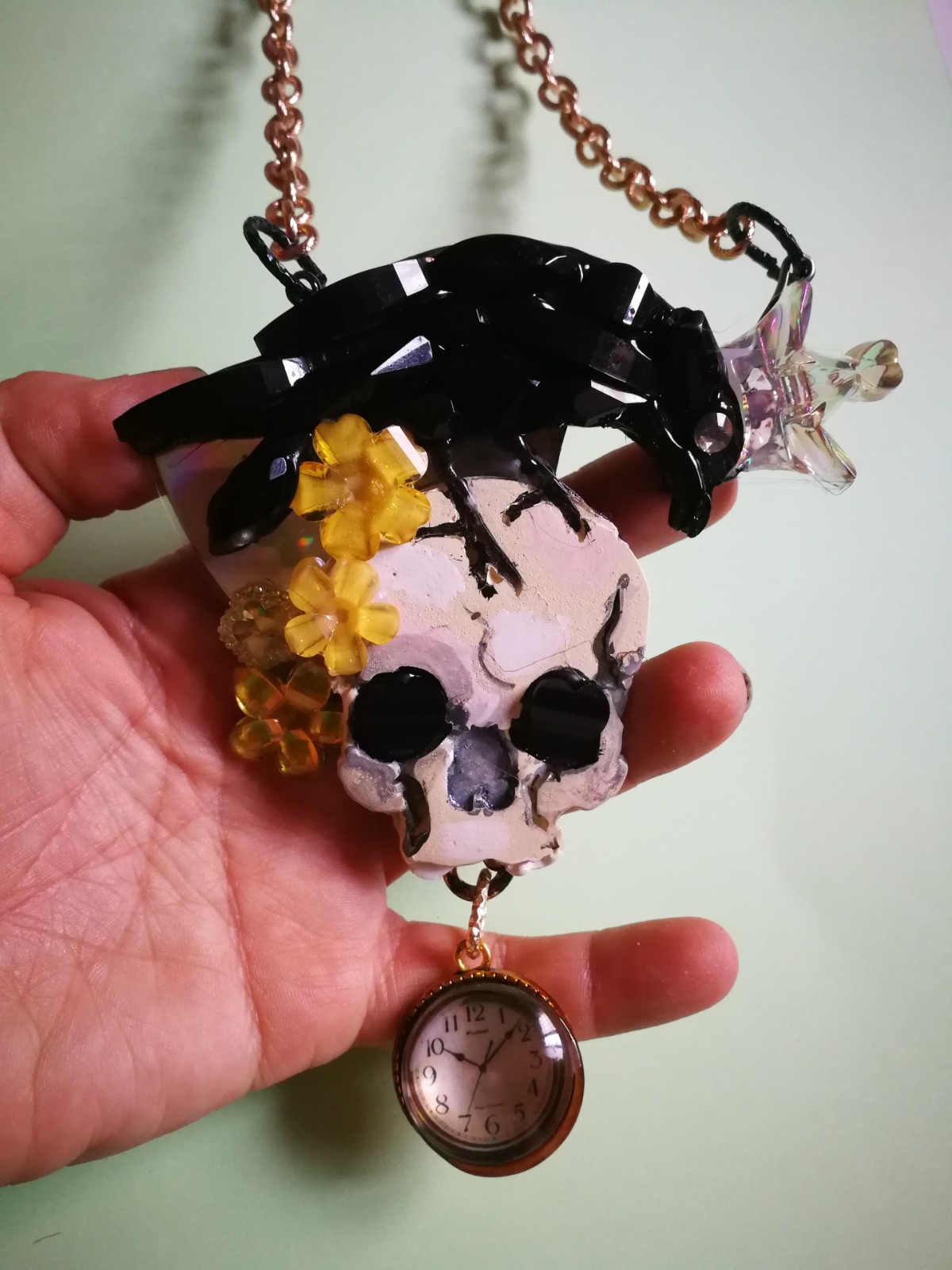 Magic Talisman Black Raven Crow Necklace Skull Pendant Amulet Memento Mori Clock