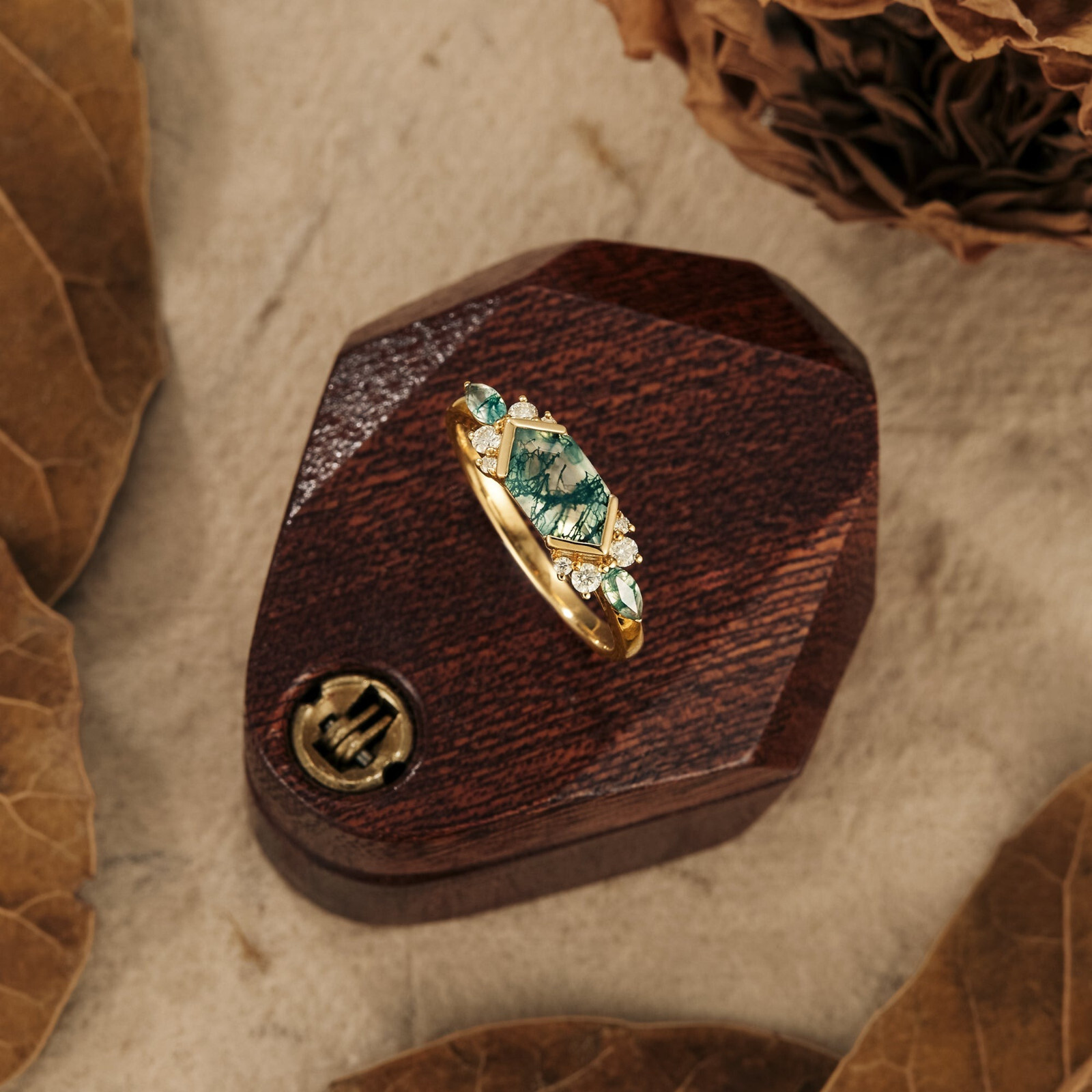 Hexagon Moss Agate Engagement Ring 925 Silver Gold Olated Ring Promise Gift Her