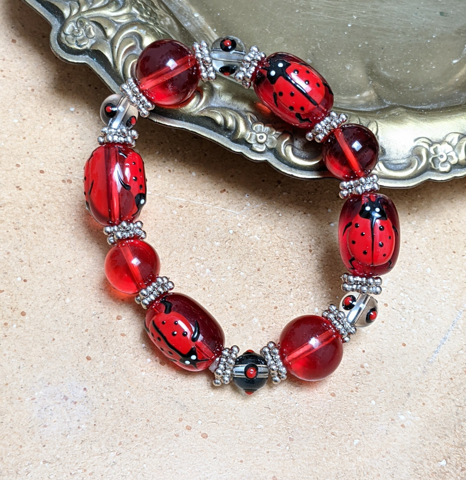 Ladybug Bracelet Spring Garden Red Bracelet for Women Beaded Stretch