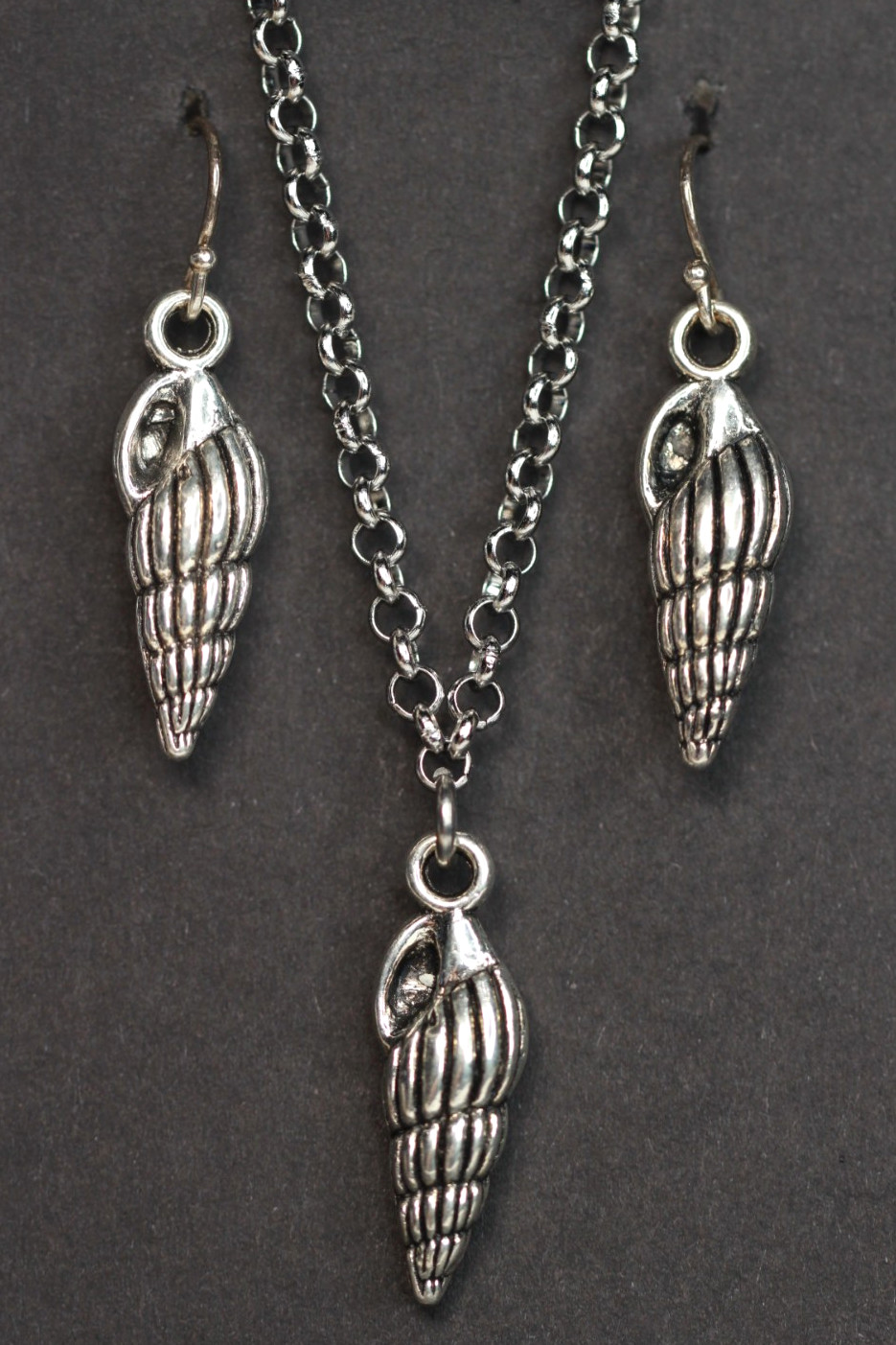 Sea Shell Necklace Set Earrings Silver Pewter Charms, Sterling Silver Hooks