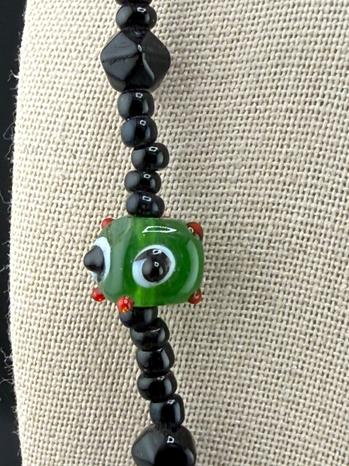 Vintage Glass Beaded Necklace Black Blue Orange Green 20”