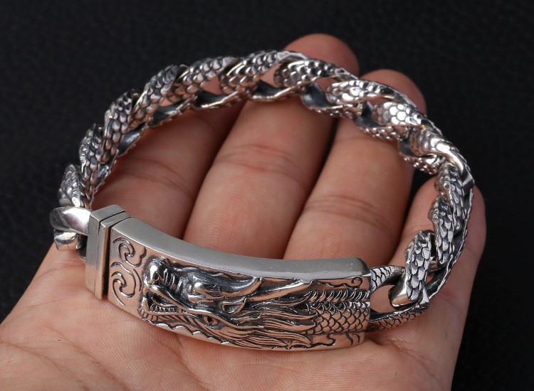 Pure 925 Sterling Silver Dragon Curb Link Men’s Cuban Bracelet 93g 8inch