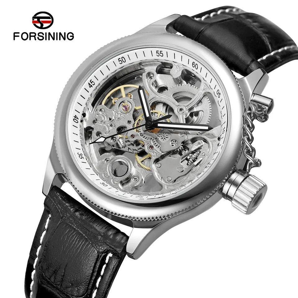 Automatic Mechanical Men Watch Silver Skeleton Transparent Dial Leather Band