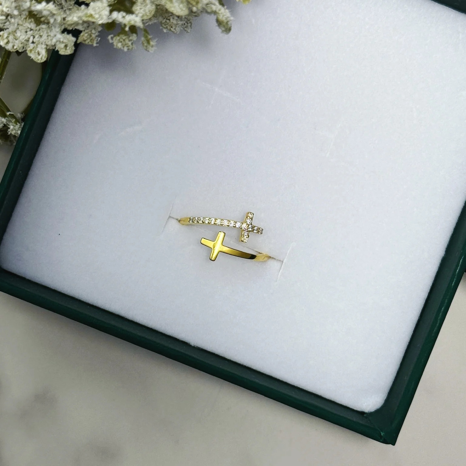 Gold & CZ Double Cross Ring by Stella Amoré: Adjustable Christian Jewelry