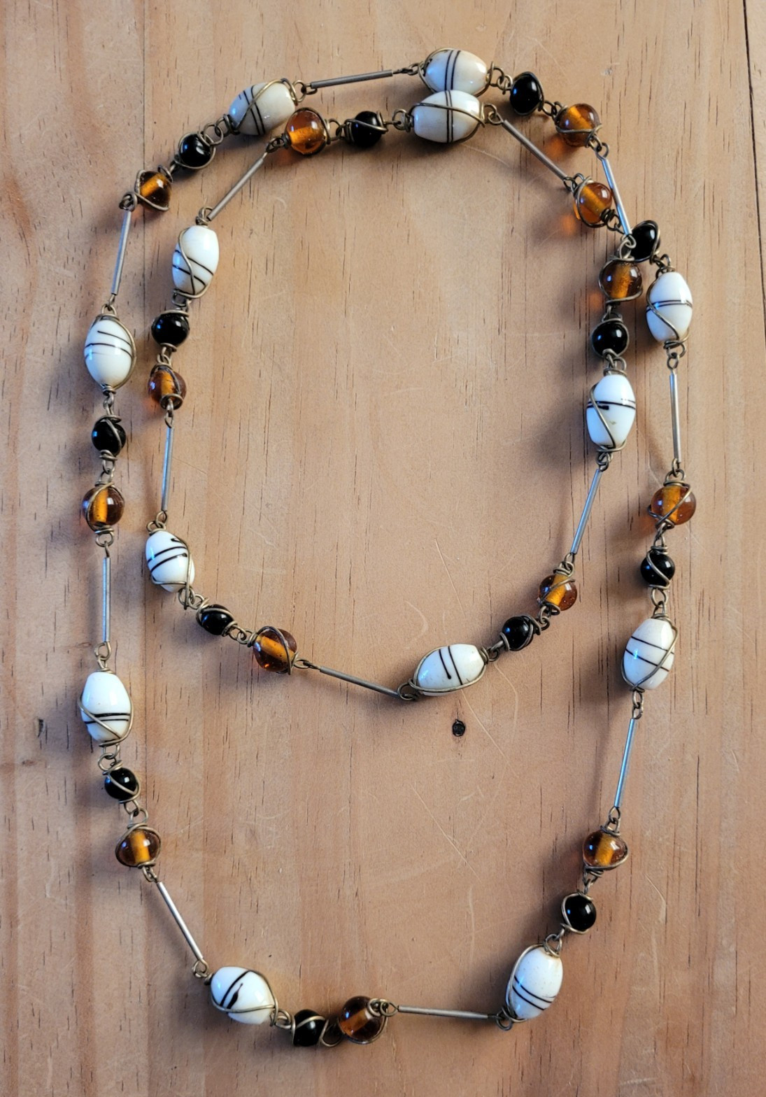 Station Beaded Glass Necklace White Oval Black Stripe & Amber Brown Beads 31-36″