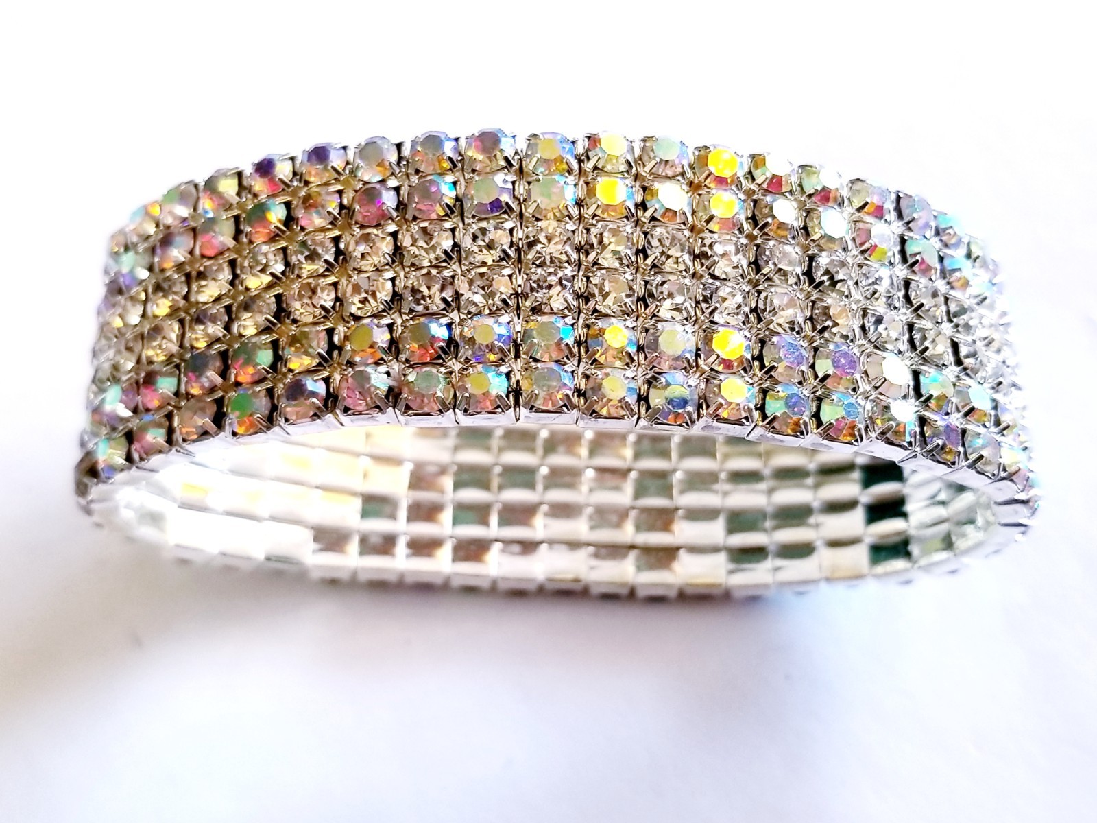 Iridescent Silver Rhinestone Stretch Bracelet Crystal Pageant Prom Drag Jewelry