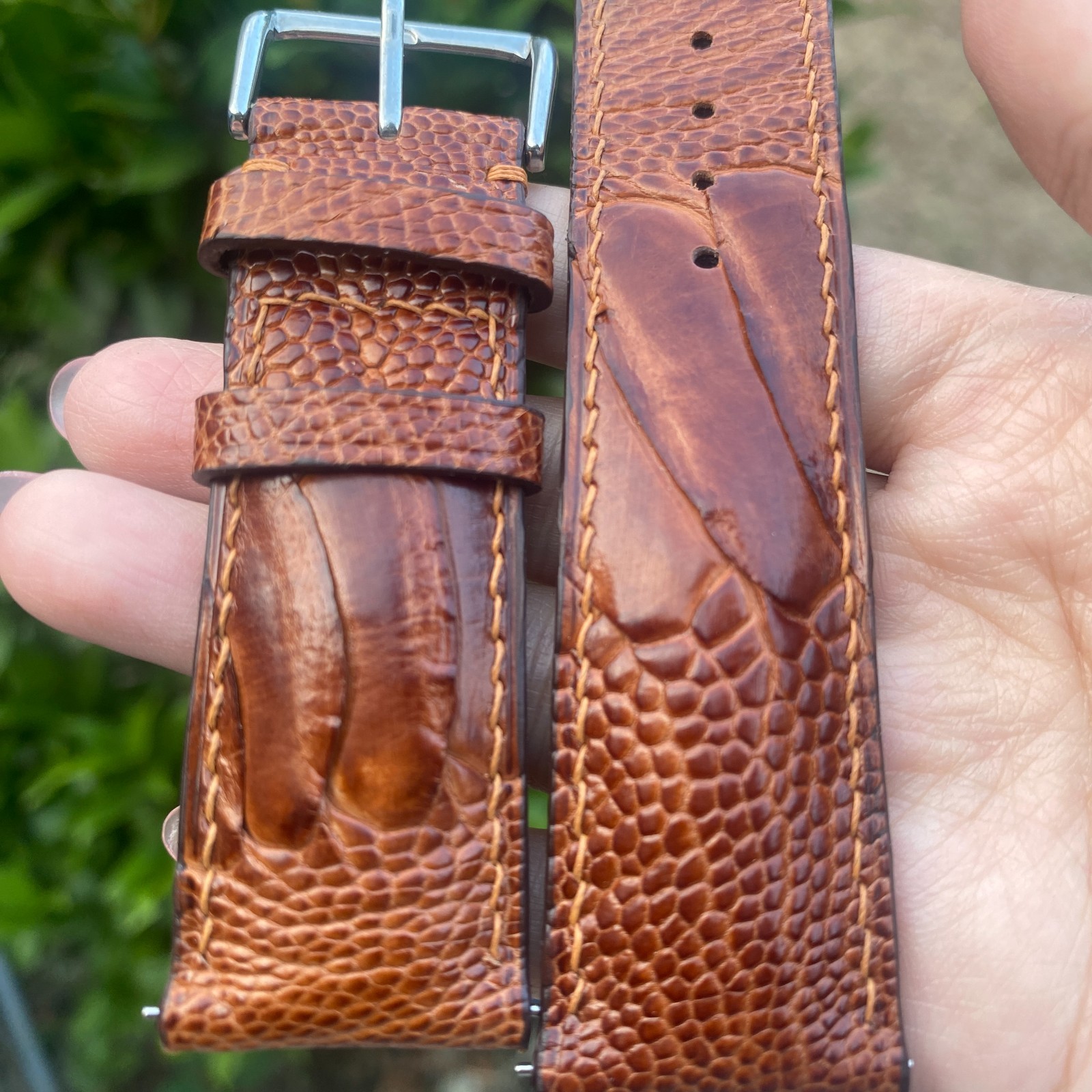 Light Brown Ostrich Leather Watch Band Custom Leg Skin Watch Strap Silver Buckle