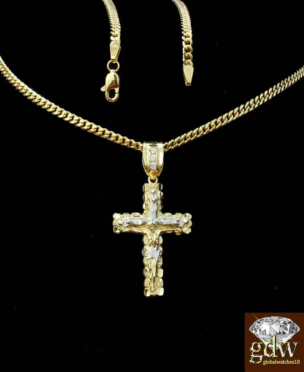 Real 10k Yellow Gold Cross Jesus Charm Pendant Miami Cuban 20″ Necklace