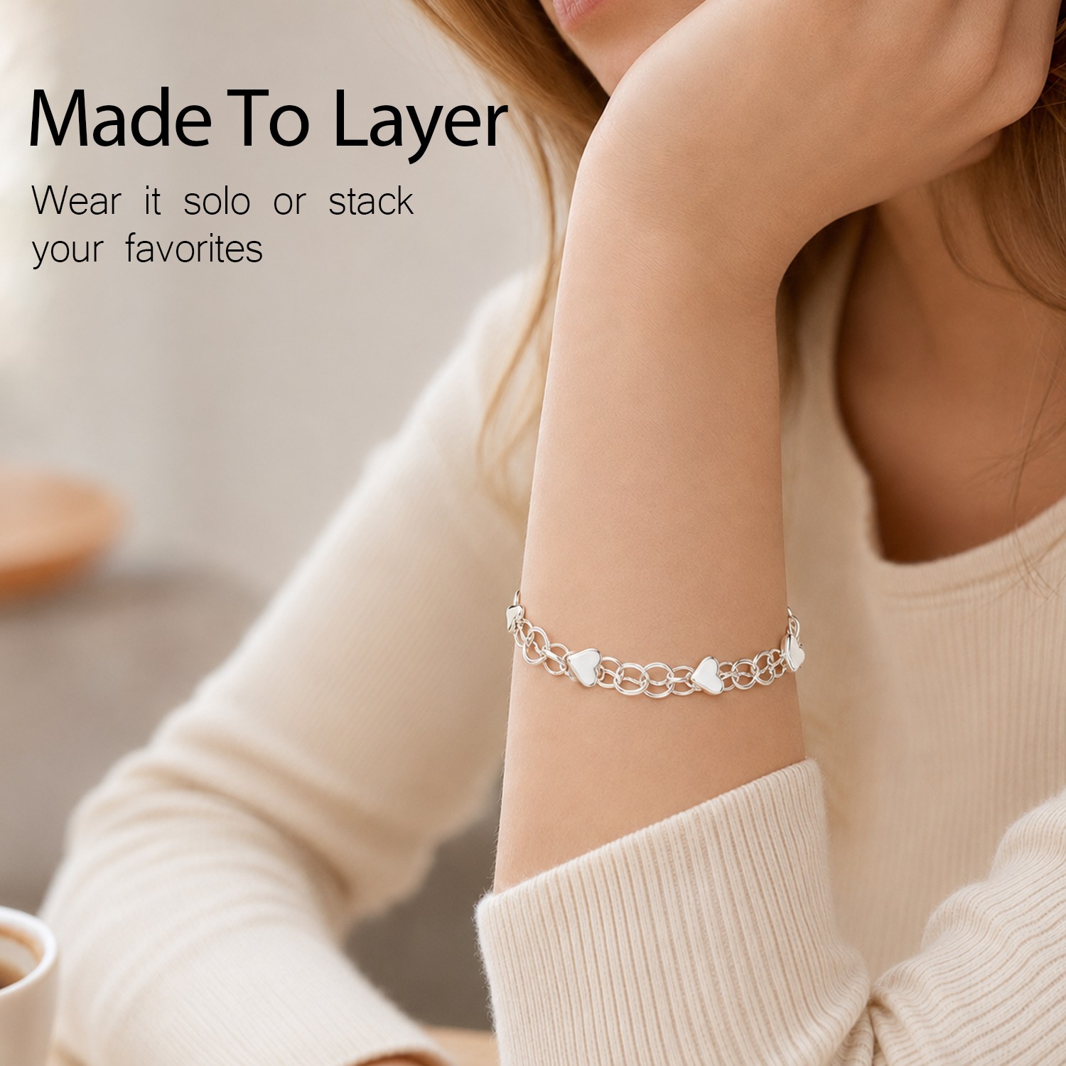 Beautiful Double‑Chain Love Heart Link Bracelet Silver for Women Jewelry Girls