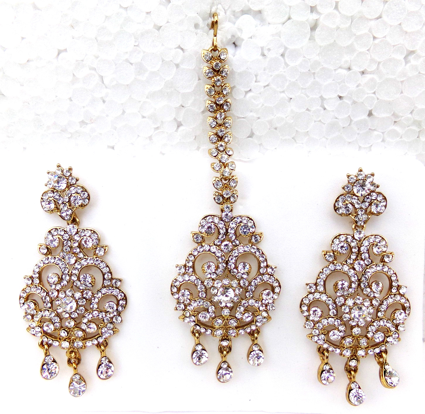 Bollywood Wedding Jewelry Ethnic Gold Tone Indian Kundan Long Earrings Tikka Set