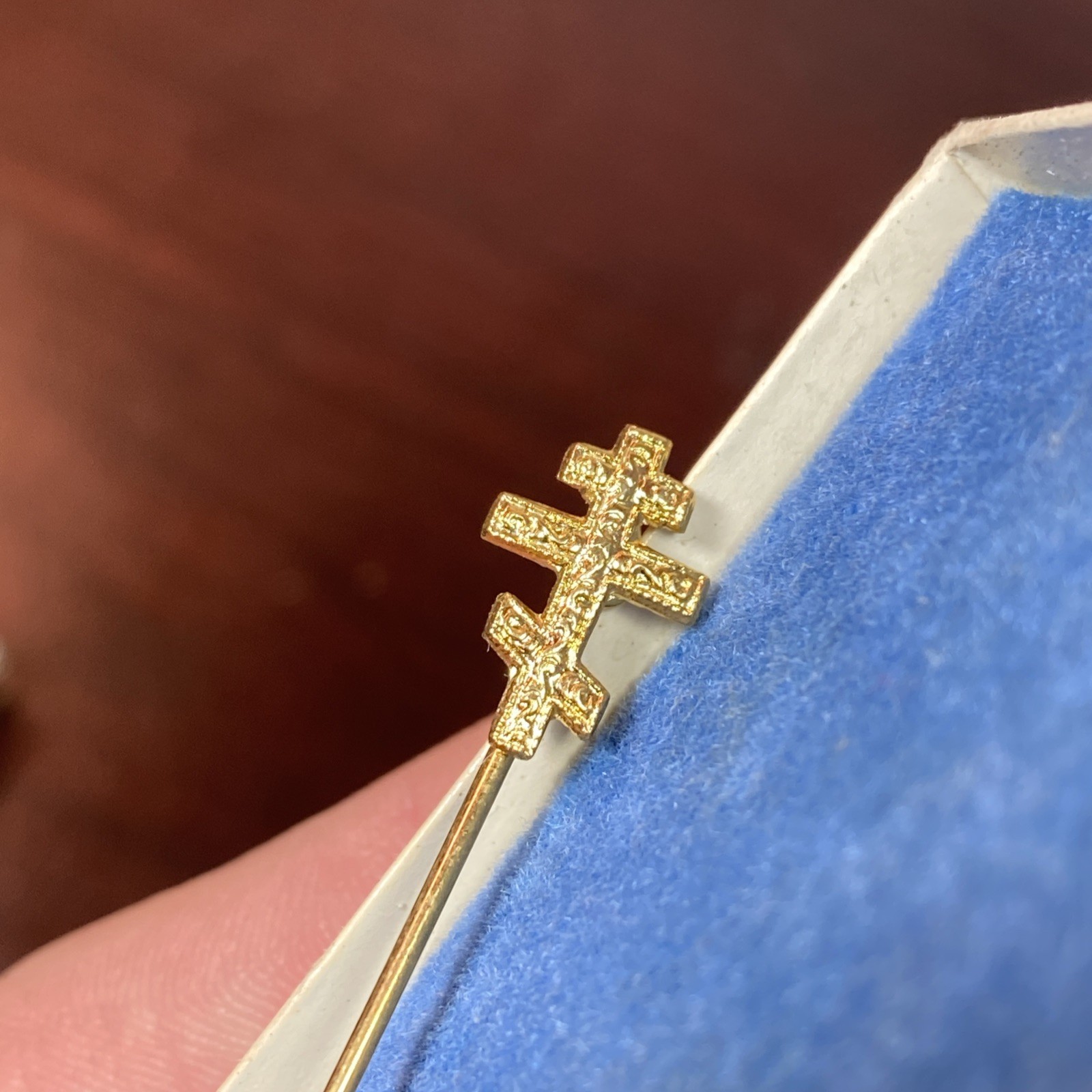 Vtg Orthodox Christian 3 Bar Cross Stick Pin Brooch Gold Tone Nice Detail 2-3/8”