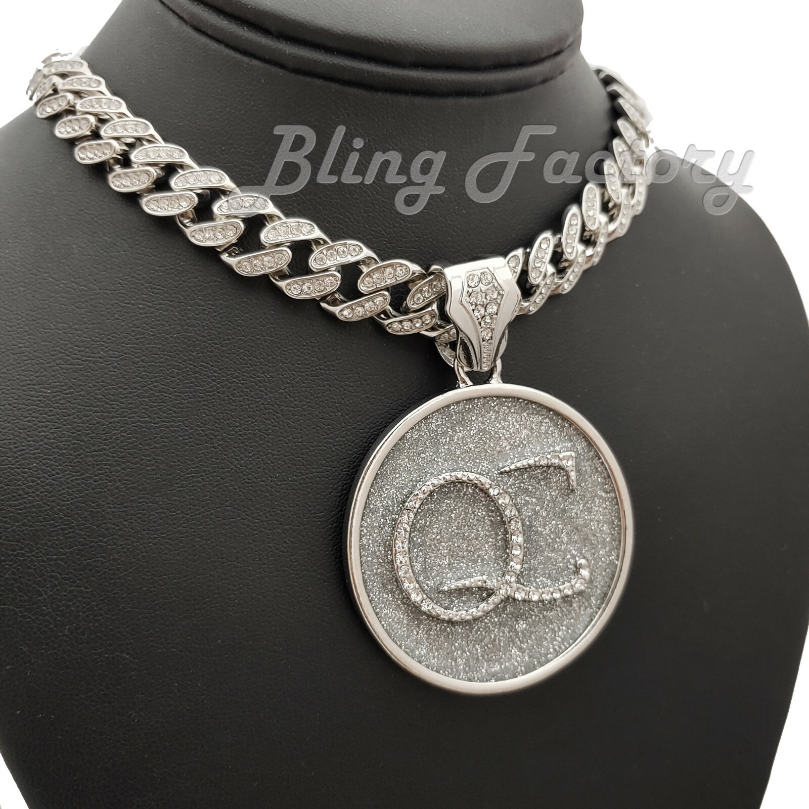 Silver Plated Alloy QC Charm 16″ ~ 24″ Iced Cubic Zirconia Cuban Chain Necklace
