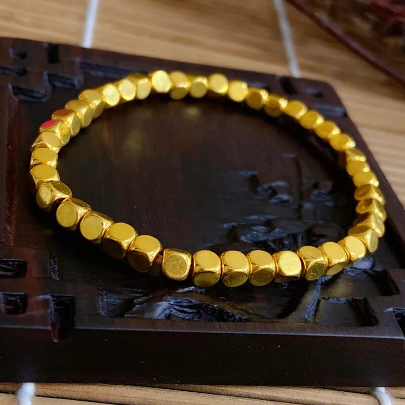 Pure 999 24K Yellow Gold Men Women Lucky 3D 4mm Square Beads Bracelet